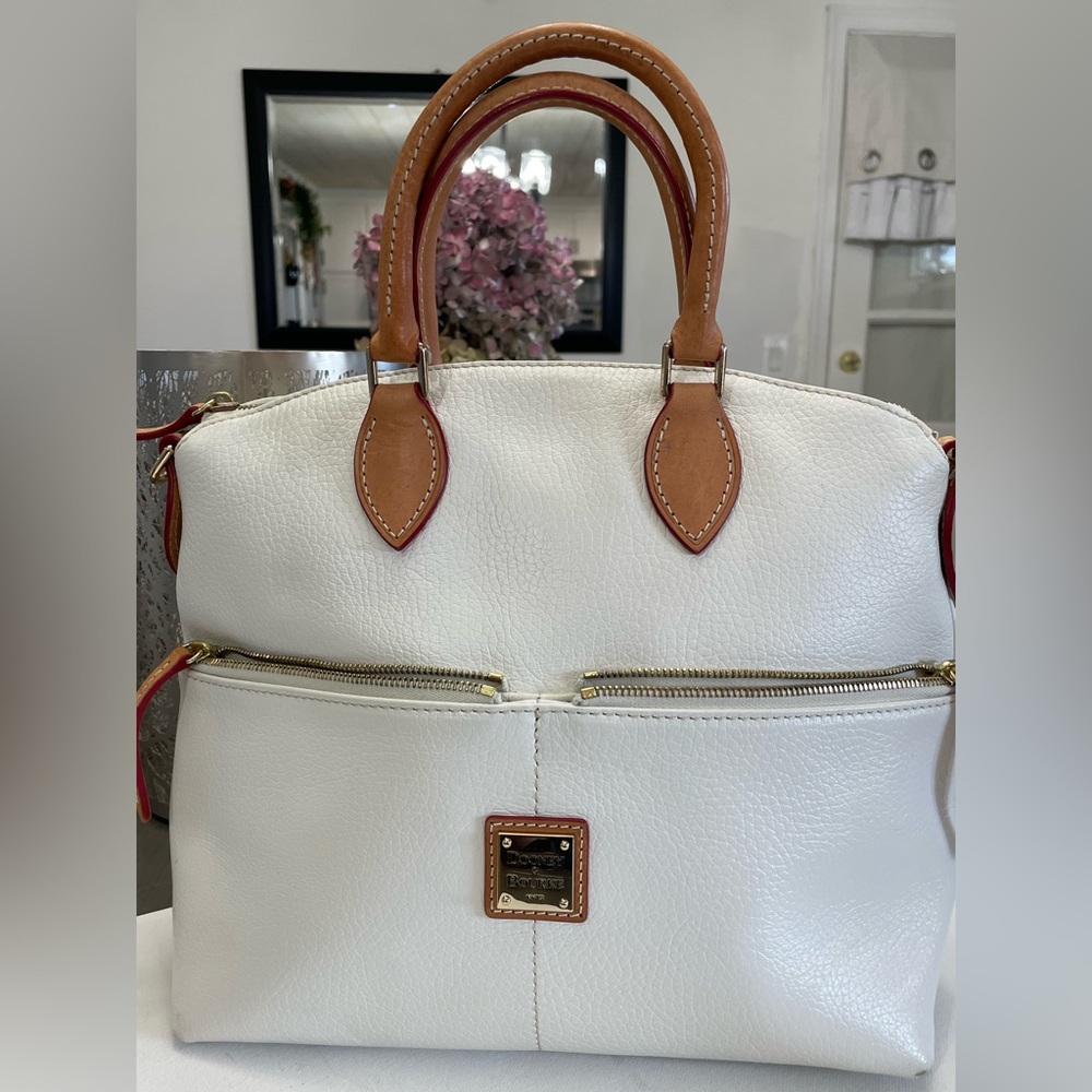 Dooney & Bourke White Leather Satchel with Tan Handles